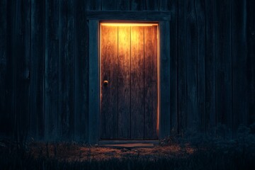 Illuminated wooden door on dark barn at night. © Fitri
