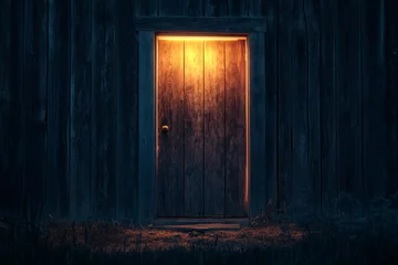 Illuminated wooden door on dark barn at night.