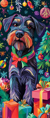 Naklejka premium Charming Standard Schnauzer Dog Surrounded by Festive Christmas Papercut Decorations Perfect for Holiday Cheer and Pet Lovers Celebrating the Joy of the Season