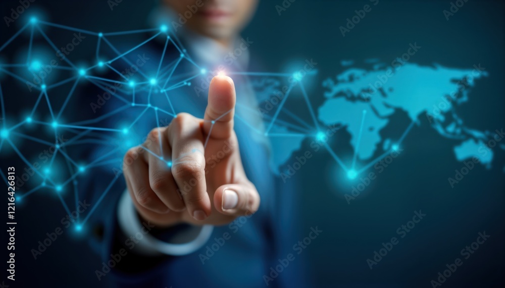 Aufkleber Close-up hand points towards viewer. Global network connection concept. Digital interaction. Person interacts with digital world map. Global connectivity highlighted. Modern technology showcased.