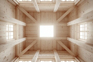 Light shining through wooden ceiling with windows.