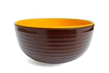 Empty and clean brown and yellow ceramic bowl isolated on white background with clipping path. Front or side view close up. Mock up template for food poster design.