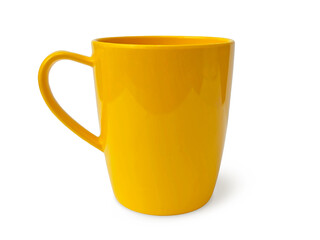 Empty Yellow Mug isolated on a white background with clipping path. Blank ceramic tea cup or coffee mug. No label mockup for beverage advertisement design.