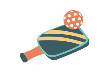 Pickleball paddle and ball isolated on white. Concept of sport, activities, hobbies, leisure, healthy lifestyle. Vector hand drawn clipart.