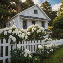 A white azalea rose blooming near a white picket fence, with a charming cottage in the 