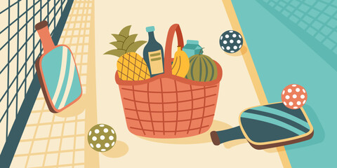 Pickleball banner. Pickleball court with paddles, balls and basket of food. Concept of rest and spending time with friends. Vector hand drawn background.