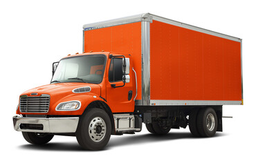 Modern american delivery truck with chrome elements in all orange color. Front side view isolated on white background.