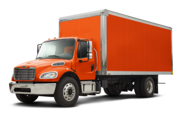 Modern american delivery truck with chrome elements in all orange color. Front side view isolated on white background.