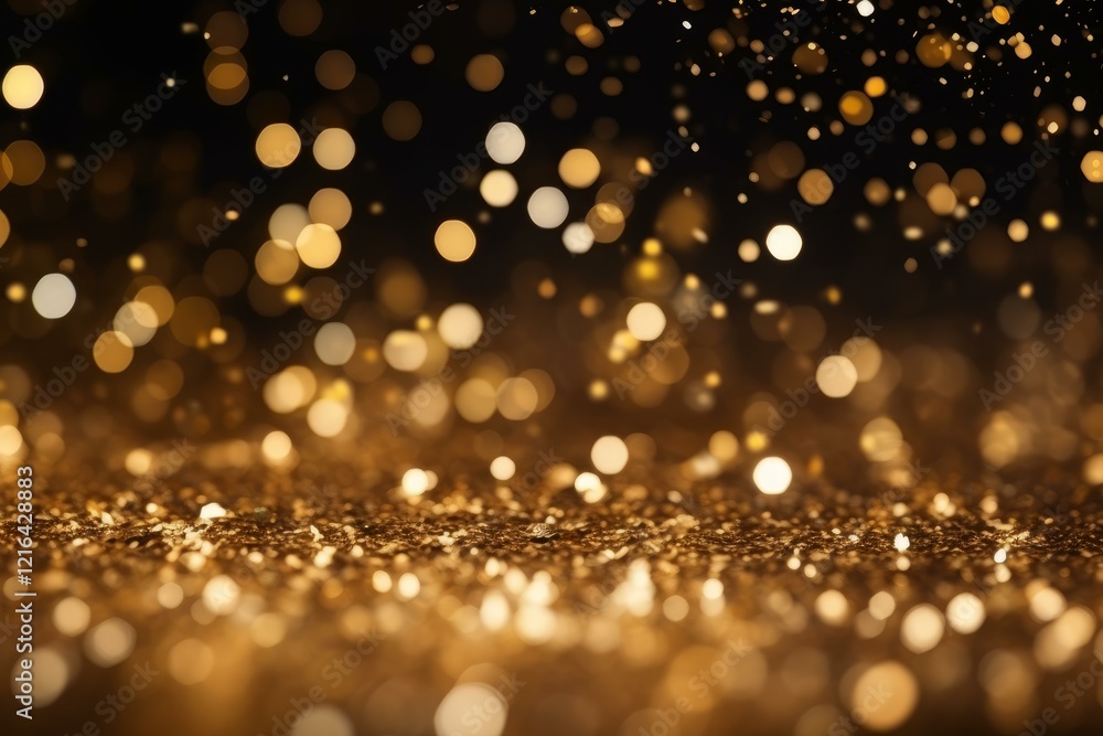Poster golden glitter texture creates an abstract background with sparkling bokeh effect