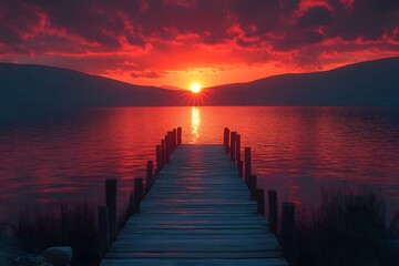 Obraz premium Sunset over a wooden pier by the calm sea