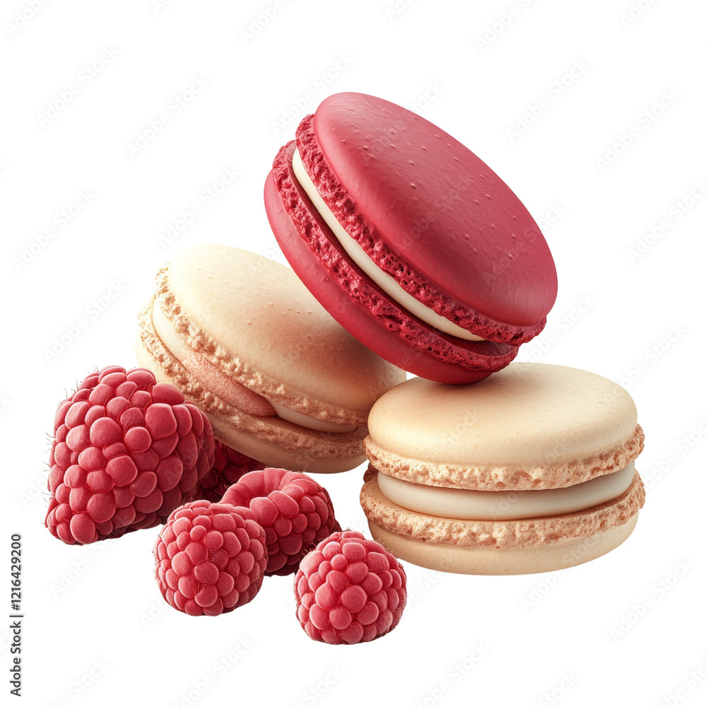 Poster Three macarons in red and beige colors are accompanied by four fresh raspberries, creating a visually appealing dessert image.