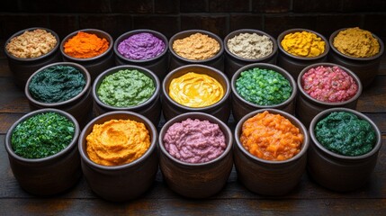 Colorful dips variety, rustic kitchen, wooden background, food photography, recipe
