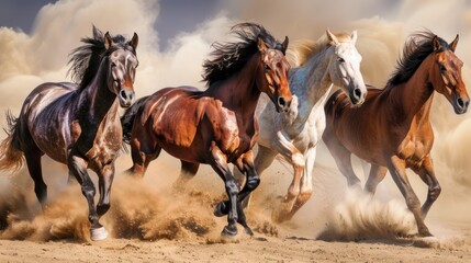 Obraz premium Wild horses galloping, dust storm, desert, freedom