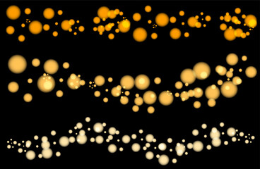 Vector illustration showcases elegant bokeh effects with blurred golden and white circles on a black backdrop, ideal for enhancing design projects and visual aesthetics.