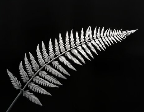 Elegant silver fern leaf against black background. Detailed texture, pattern. Botanical illustration. Nature motif. Perfect for nature enthusiasts. Ideal for wallpaper print design. Stylish, modern.