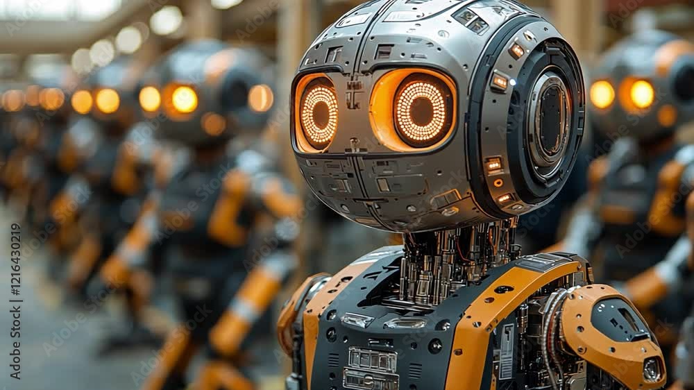 Poster a collection of advanced humanoid robots stands lined up in a well-lit factory