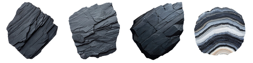 Stacked natural slate rock formations in monochrome tones creating an abstract textured background  Layered sedimentary mineral deposits in a natural geological landscape setting