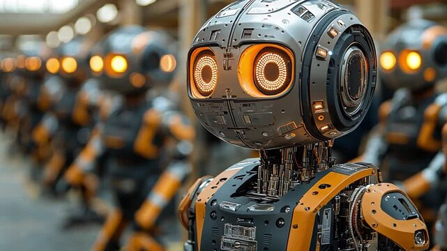 A collection of advanced humanoid robots stands lined up in a well-lit factory