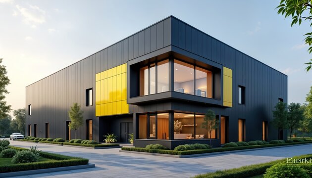 Modern warehouse exterior with small office unit. Dark gray metal facade with yellow accents. Landscaped grounds, parking area visible. Commercial property. New business structure. Exterior shot on