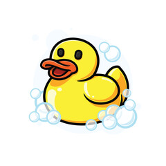 Yellow Rubber Bath Duck with Foam Bubbles Cartoon Icon Vector Illustration. Isolated background