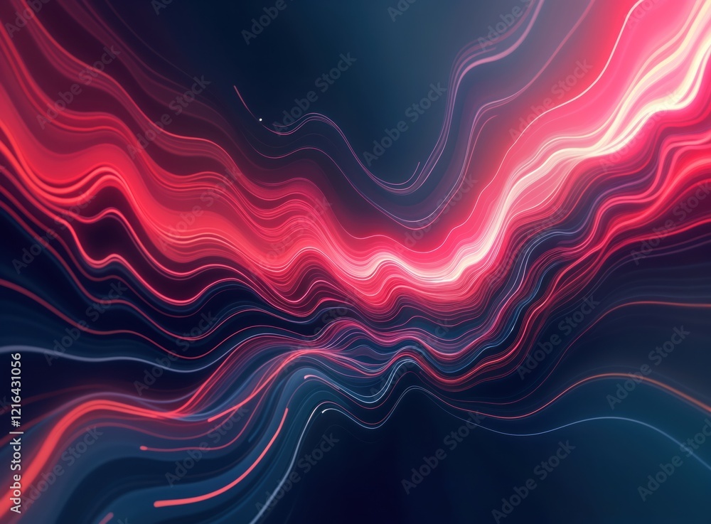 Poster abstract digital graphic artwork. vibrant lines create wavy pattern. red, blue light elements blend 