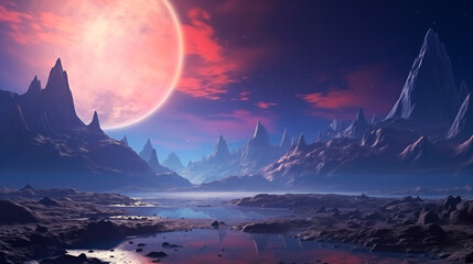 Alien planet fantasy landscape space background. Sci-fi horizontal poster. Science fiction digital raster bitmap illustration. Horizontal format wallpaper.	