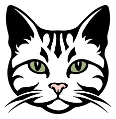 black and white stencil of a cat with green eyes without background