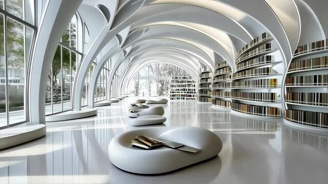 Bright and inviting, this innovative library features sleek design elements and expansive windows that let in sunlight. Visitors enjoy reading nooks amidst towering shelves.