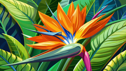 Obraz premium A close-up of a tropical bird of paradise flower, with its striking orange and blue petals standing out against green foliage
