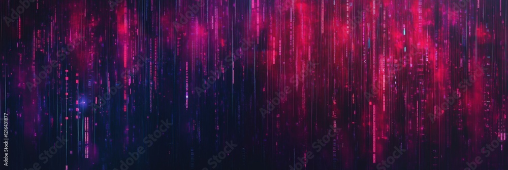 Poster abstract digital background with vibrant pink and purple vertical lines, resembling data streams and