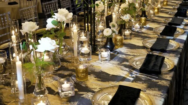 Wedding reception dinner decorations. Full HD video