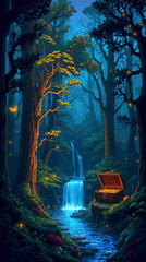Pixel art fantasy forest, eerie creepy atmosphere