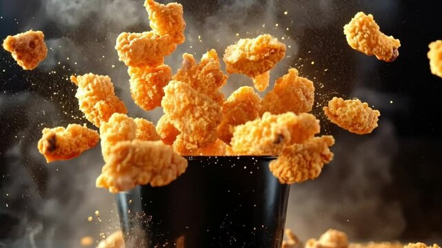 A steaming bucket of freshly fried chicken wings and nuggets is presented with motion-blurred falling pieces and a smoky backdrop for added drama.