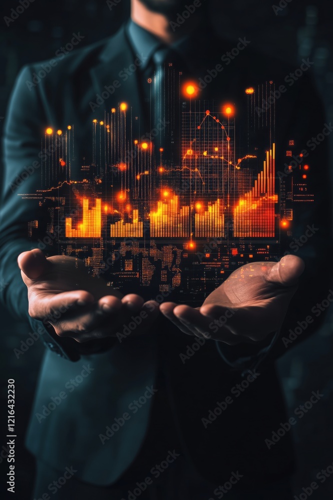 Poster data visualization and analytics concept with glowing graphs and charts held by businessman, represe