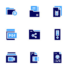 File icon set. Bold style. Duotone colors. documents, folder, file, pdf file, file sharing, video file, d file