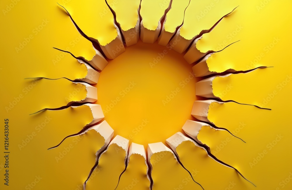 Aufkleber Circular hole ripped through bright yellow surface. Conceptual image with ragged edges. Abstract design. Blank space in center. Potential for advertising promotion. Dynamic visual effect. Modern