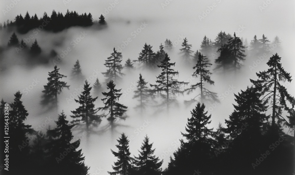 Poster mysterious fog-covered forest with towering pine trees creating an ethereal landscape