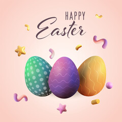 3d cartoon multicolored cute easter voluminous confetti eggs, happy easter