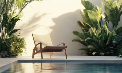 Fototapeta premium Relaxing poolside lounge chair surrounded by lush tropical plants and serene water reflections