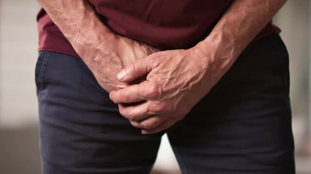 Bowel Incontinence Pain. Man Holding Crotch