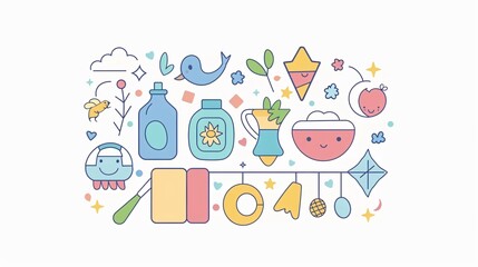 Fototapeta premium Cute Baby Shower Icons Vector Illustration Set