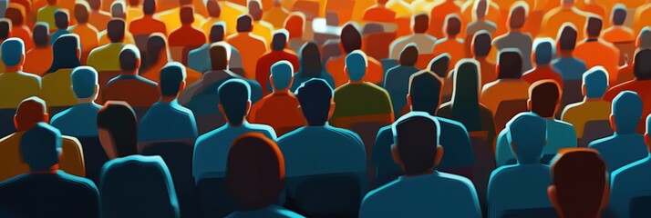 Diverse Audience at Event, Colorful Crowd, Engaged Participants, Vibrant Atmosphere, Back View of Attendees, Varied Clothing Styles, Dynamic Lighting