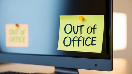computer monitor with sticky note on it "Out of Office"