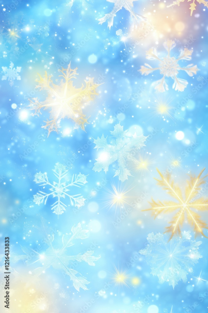 Poster snowflakes on blue background with soft bokeh effect and sparkling lights