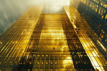 Modern golden skyscrapers reflecting the cloudy sky at sunset, creating a stunning architectural view