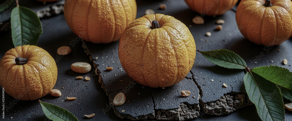 Poster a group of oranges are on a black surface with leaves and nuts. the oranges are all different sizes 