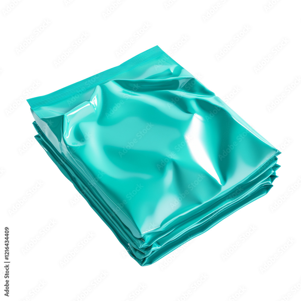 Poster a digitally rendered image showcasing a stack of shiny teal plastic packaging against a black backgr