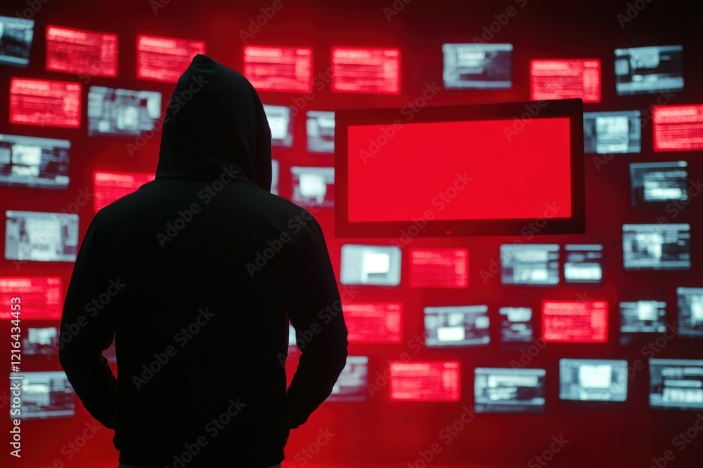 Poster male hacker in a hoodie standing before a wall of screens filled with code and data.