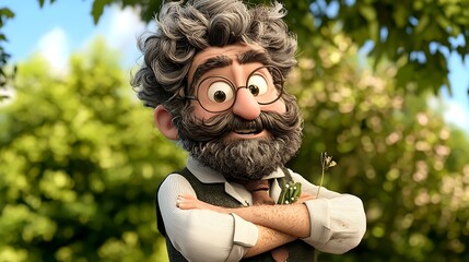 Happy animated gardener in garden, arms crossed, springtime