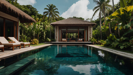 Fototapeta premium Remote work in a tropical villa with an infinity pool and lush garden backdrop, General AI